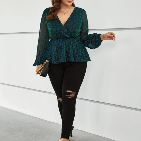 Classic Plus Size Deep V neck Long Sleeve Glitter Peplum Top Blouse Shirt - Picture 4 of 6